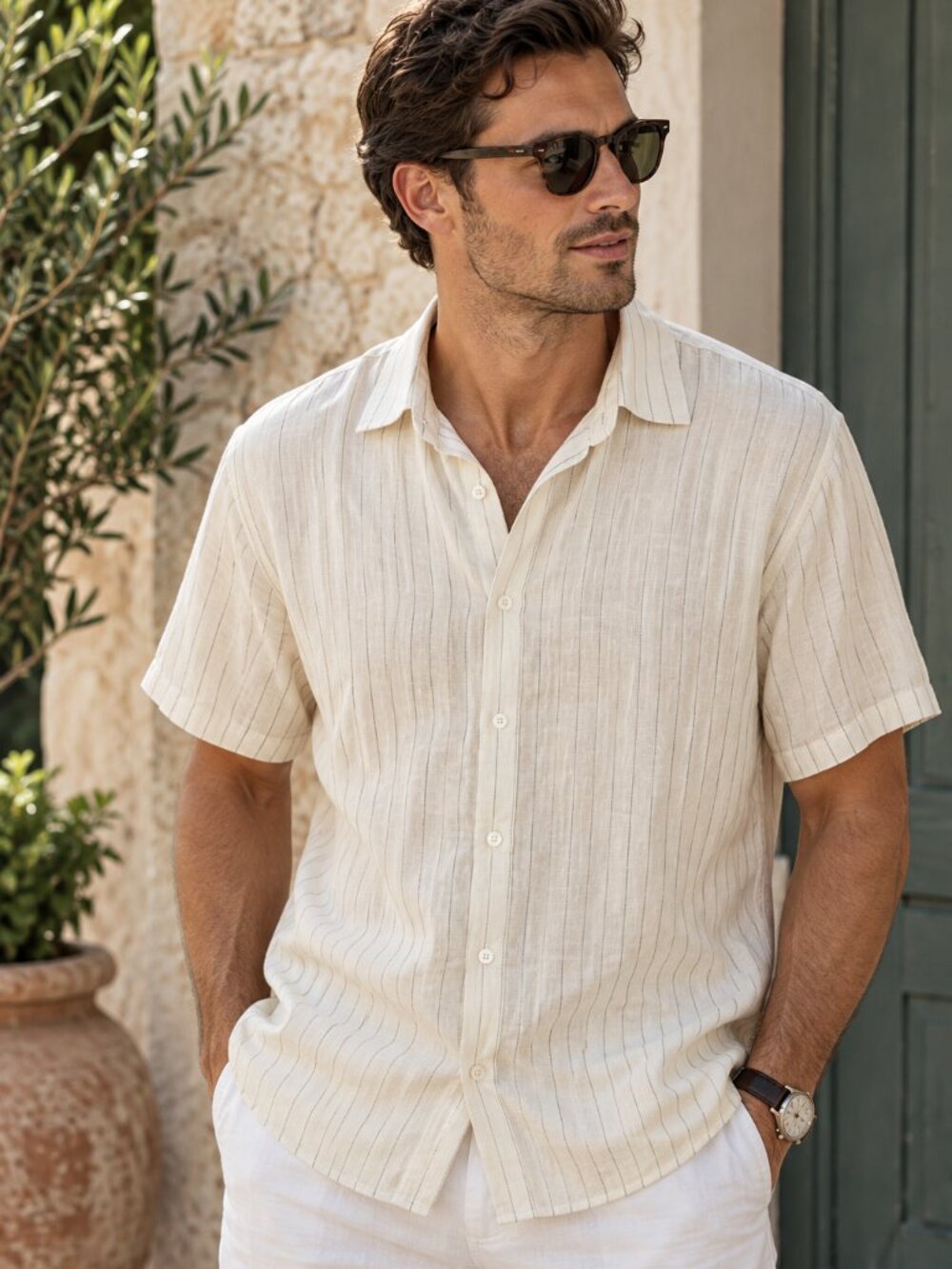 Murano Ivory Stripe Fine European Linen‎ Shirt XL Short Sleeve Coastal Resort